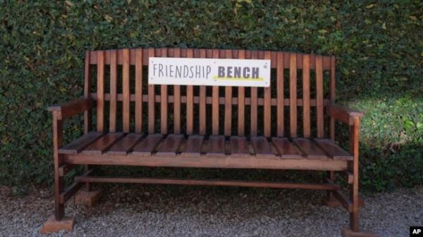 An empty bench is seen outside the Friendship Bench offices in Harare, Zimbabwe, May 4, 2024.
